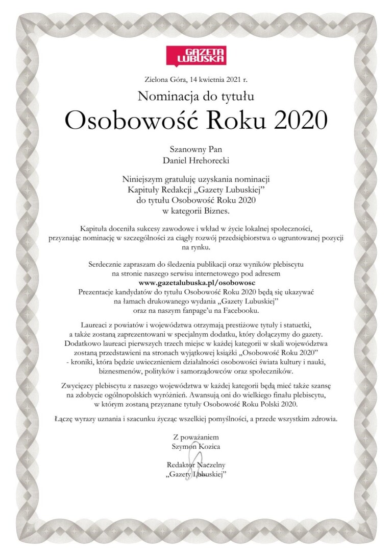 Osobowość Roku 2020 w kategorii Biznes w woj. lubuskim